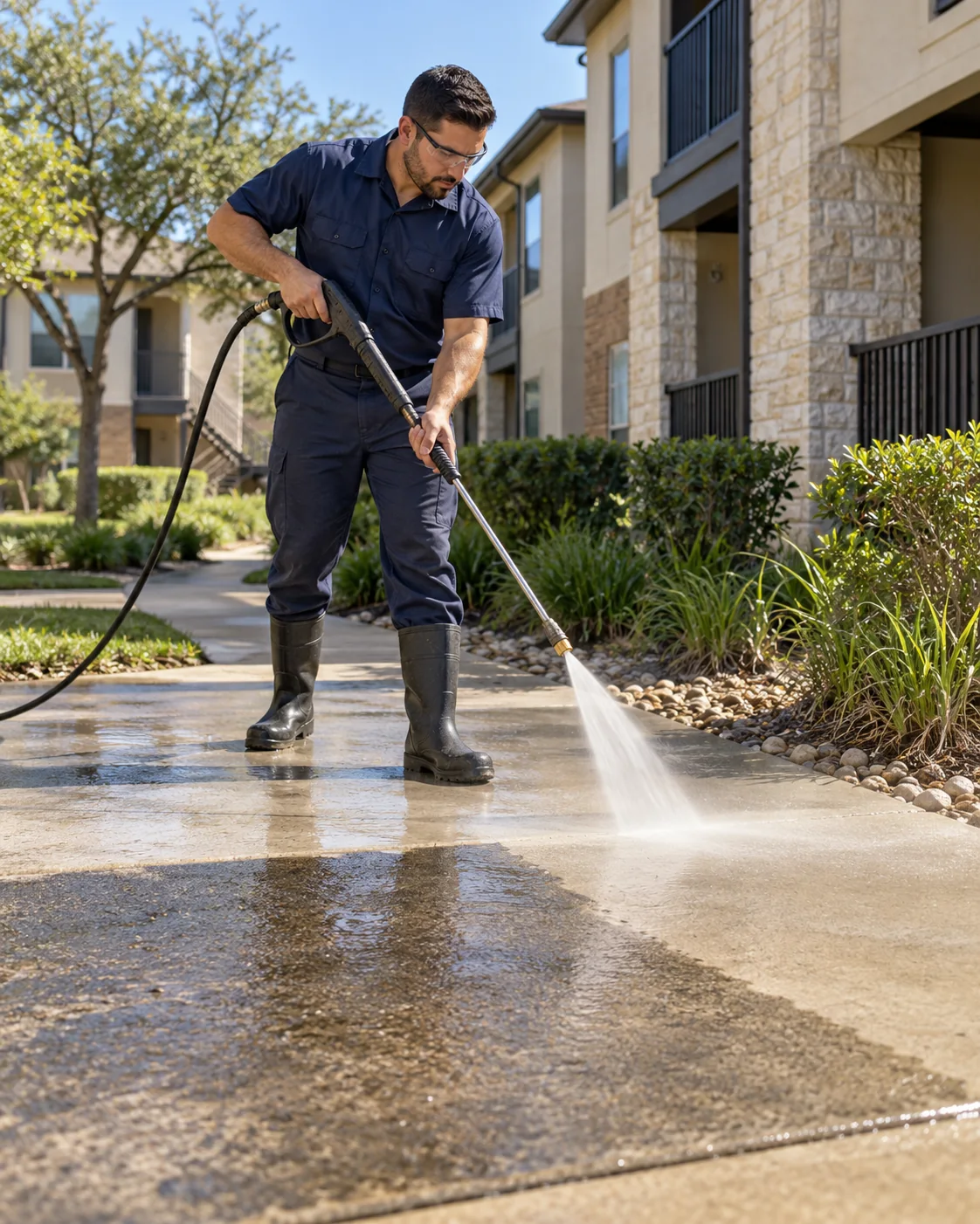 Illustrative property power washing service scene